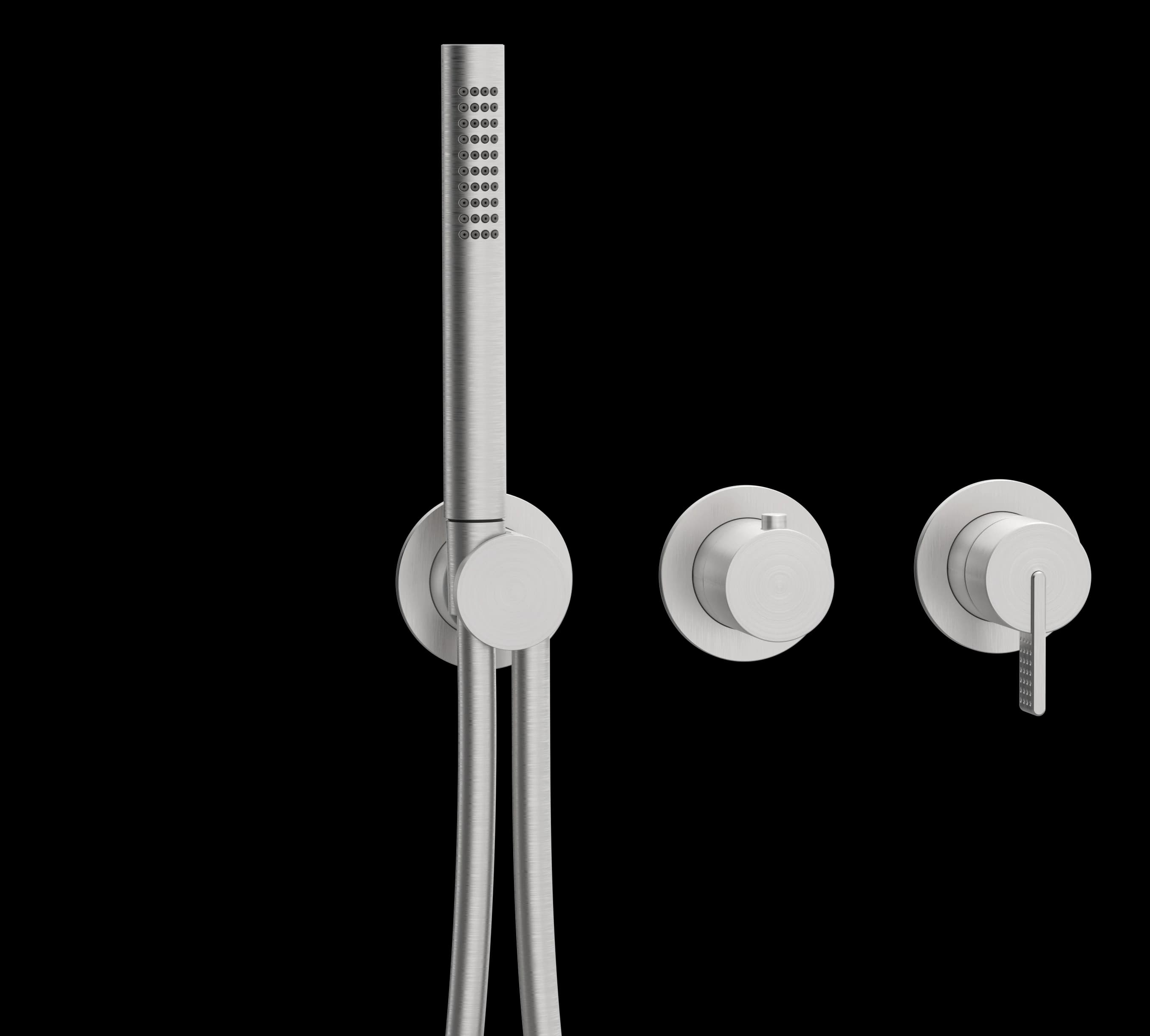 Dots Series - 2 | 3-way single lever mixer round rosettes and round handles trim set with hand shower - AISI 316 