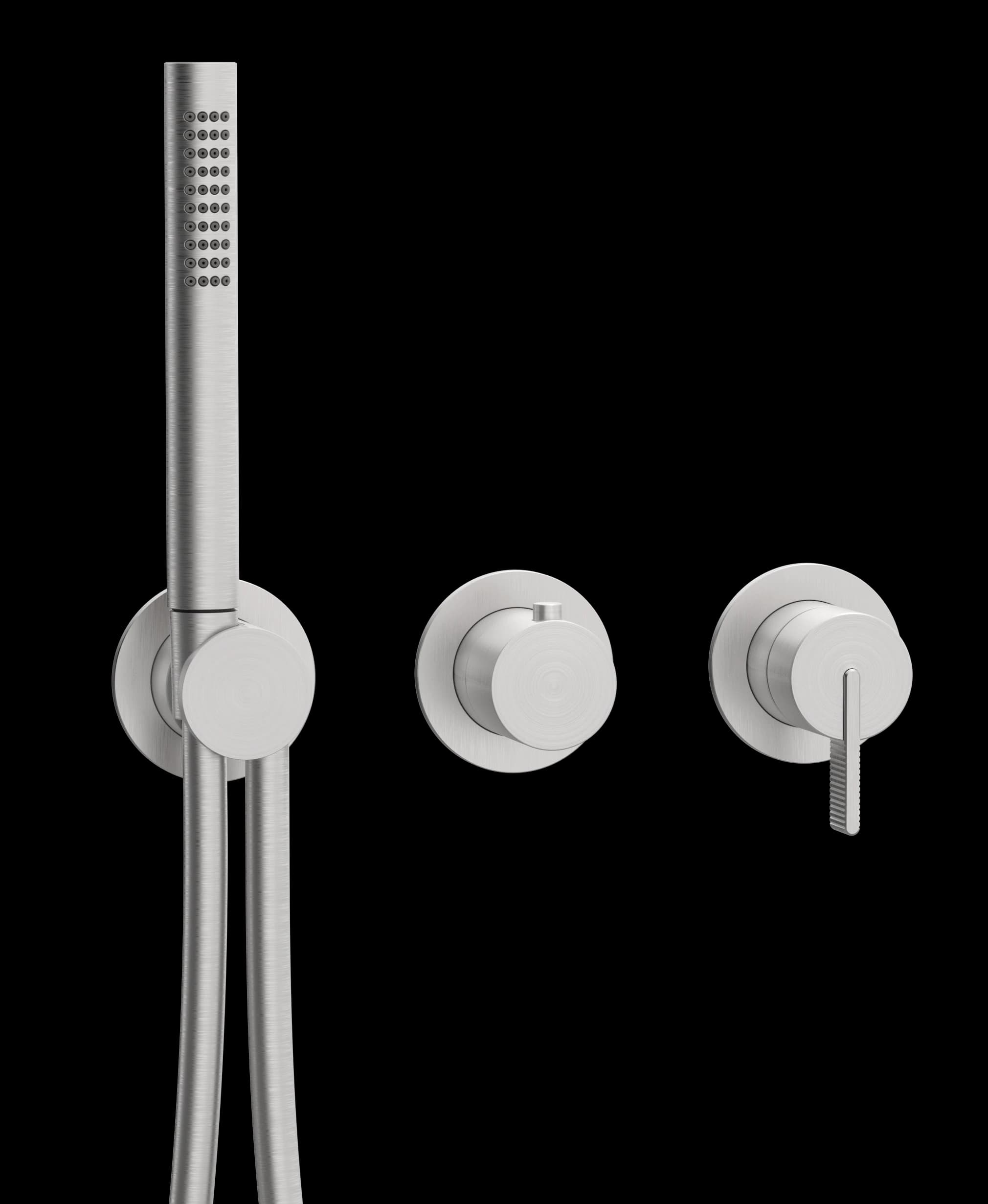 Line Series - 2 | 3-way single lever mixer round rosettes and round handles trim set with hand shower - AISI 316 