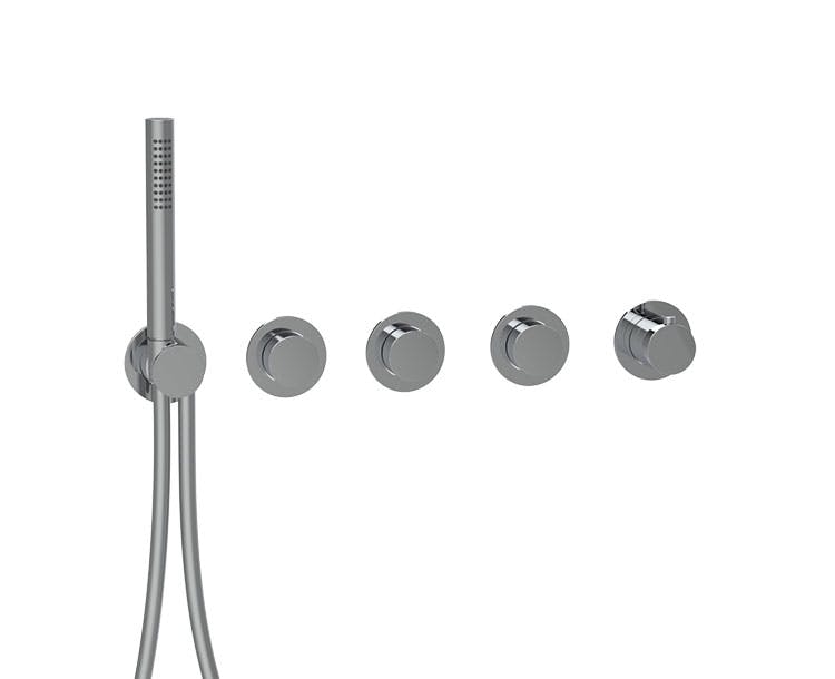 3-WAY THERMOSTAT TRIM SET WITH PUSH ROUND ROSETTES AND ROUND HANDLES WITH HAND SHOWER