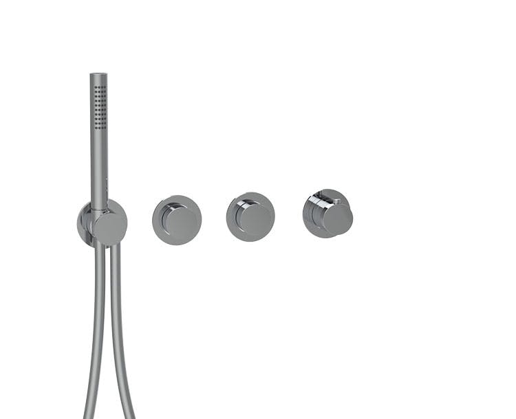 2-WAY THERMOSTAT PUSH TRIM SET WITH ROUND ROSETTES AND ROUND HANDLES WITH HAND SHOWER