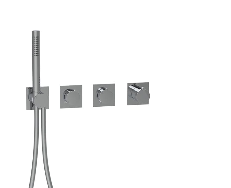 2-WAY THERMOSTAT PUSH TRIM SET WITH SQUARE ROSETTES AND ROUND HANDLES WITH HAND SHOWER