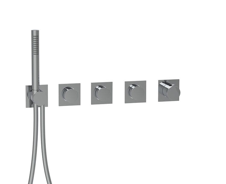 3-WAY THERMOSTAT PUSH TRIM SET WITH SQUARE ROSETTES AND ROUND HANDLES WITH HAND SHOWER